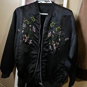 black bomber jacket with flower embroidery